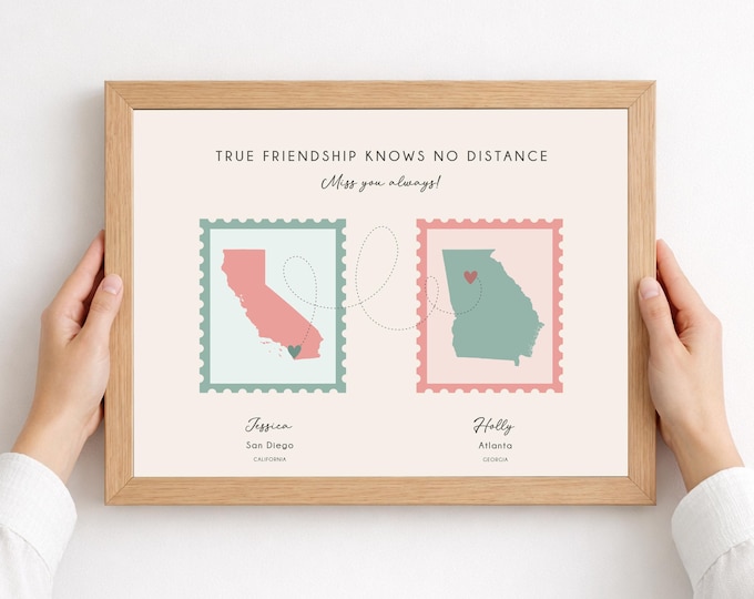 Featured listing image: Custom Two States Print, Long Distance Friend Gift, Friendship Map Connects Locations