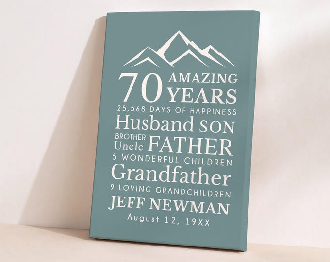 Featured listing image: Mens 70th Birthday Printed Art: Personalized Gift for Man Turning 70 Years Old