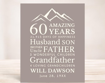 Mens 60th Birthday Gift: Personalized Word Art with Mountains