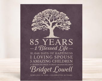 85th Birthday Gift: Personalized Tree Art, Framed or Canvas Print