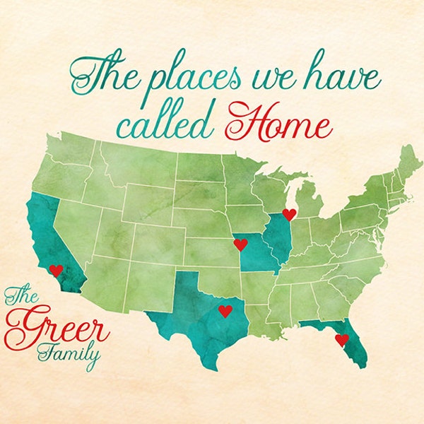Personalisierte Housewarming Geschenk für die Familie, die Orte, die wir Zuhause genannt haben, USA Karte mit Herzen an Orten, die gelebt haben, einzigartige Weihnachtsgeschenke