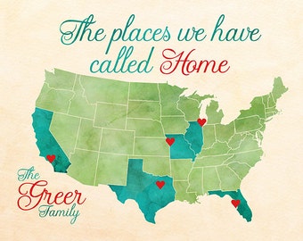 Personalized Housewarming Gift for Family, The Places We Have Called Home, USA Map with Hearts on Locations Lived, Unique Gifts | WF540