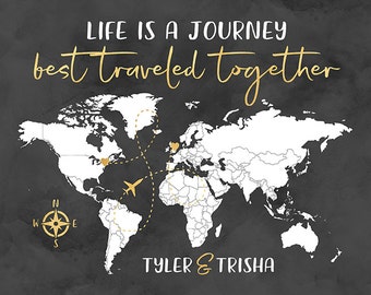 Personalized Life is a Journey Map, Choose Any Locations, Gold and Gray, Compass, Anniversary Gifts, Long Distance Relationship | WF531