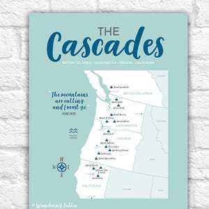 Kaart met watervallen, bergketen, Brits-Columbia, Washington, Oregon, kaarten Noord-Californië, vulkanen, informatieve kunst, PNW-cadeaus