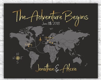 The Adventure Begins Poster, World Map Wedding Gift, Wedding and Honeymoon Destinations Map Art, Wedding Guestbook, Gold Wedding