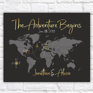 Wedding Map Gift - The Adventure Begins Poster, Marriage and Honeymoon Destinations Map Art, Wedding Guestbook, Gold Gift