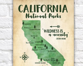 California National Parks Map, Adventure Travel, Mountains, Forest Green, Kids Bedroom, Classroom, Educational Poster, Redwood