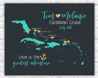 Cruise Map, Personalized Caribbean Cruise Gift, Couple Going on a Cruise Sign, Christmas Gift