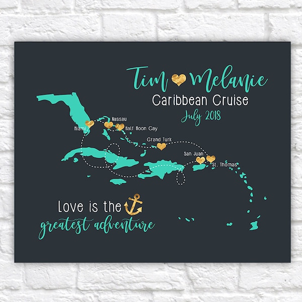 Cruise Map, Personalized Caribbean Cruise Gift, Couple Going on a Cruise Sign, Christmas Gift