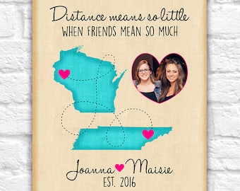 Custom Best Friend Birthday Gift, Long Distance Custom Map, Friendship, Quote, Moving Away, Miss You, BFF, Bestie, Names, Hot Pink Christmas