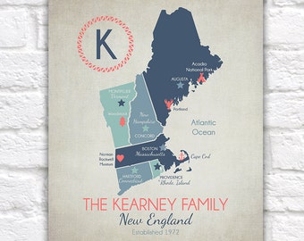 Custom New England Map, Family or Couples Names, Established Date - Maine, New Hampshire, Vermont, Boston, Connecticut, Rhode Island