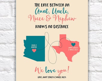 Aunt, Uncle, Niece, Nephew Gifts, Custom Maps, Long Distance Family, Christmas Gifts for Aunt and Uncle, Living Far, Birthday | WF267