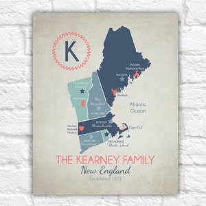 Aangepaste kaart van New England, namen familie of koppels, oprichtingsdatum - Maine, New Hampshire, Vermont, Boston, Connecticut, Rhode Island