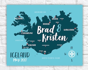 Iceland Travel Map, Personalized Gift, Iceland Honeymoon, Golden Circle, Reykjavik, Engaged in Iceland, Arctic Circle, Blue Lagoon