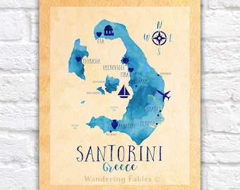 Santorini, Greece Map, Greek Isle Map of Santorini, Oia, Travel Map of Santorini, Greece Honeymoon, Santorini Wedding Elopement Gifts