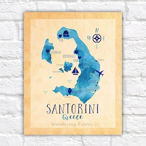 Santorini, Griechenland Karte, Karte der griechischen Insel Santorini, Oia, Reisekarte von Santorini, Griechenland Flitterwochen, Santorini Hochzeit Elopement Geschenke