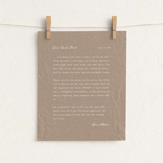 Gift for Uncle, Personalized Letter: Heartfelt Words, Father's Day Gift Idea