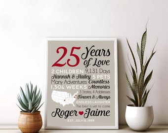 Wedding Anniversary Map Art - Personalized 25th Silver Gift