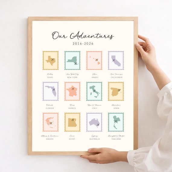 Our Adventures Stamp Maps: Personalized Anniversary Gift for Spouse, 10 Year Gift