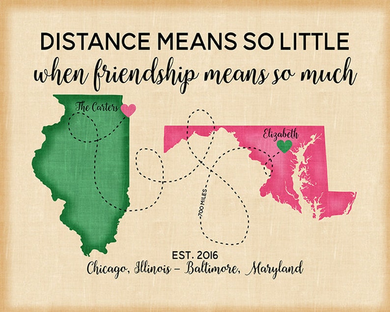 Two Maps, Distance means so little Quote, Custom Long Distance Friends Maps, Neighbor Moving, Coworker Goodbye Gift image 1