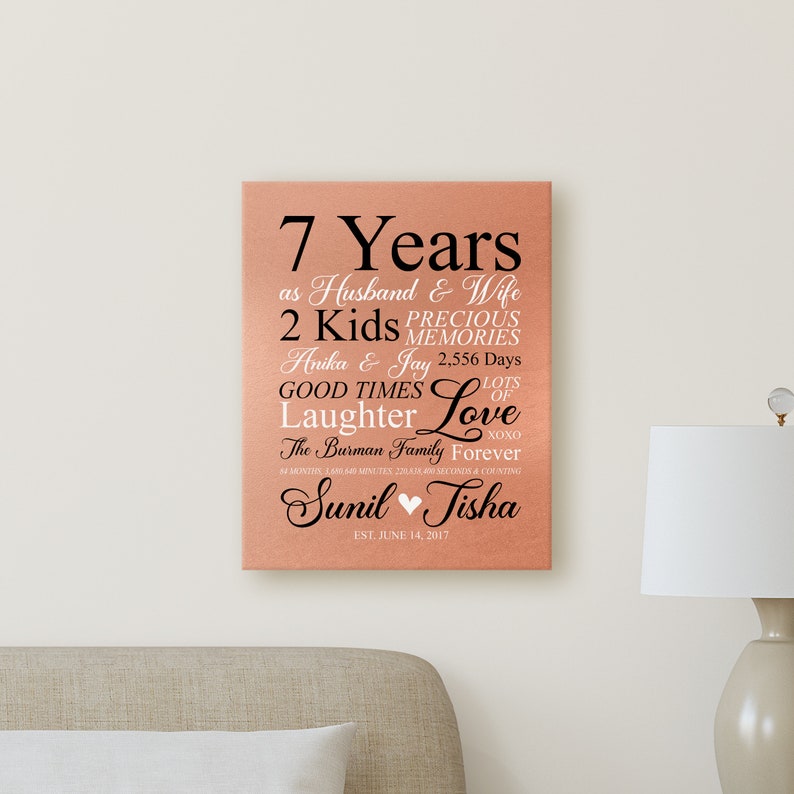 7th Anniversary Gift, Copper 7 Year Anniversary Art Personalized Sign, Couples Gift, 7th Anniversary for Him, Her, Husband, Wife Seven Years image 5