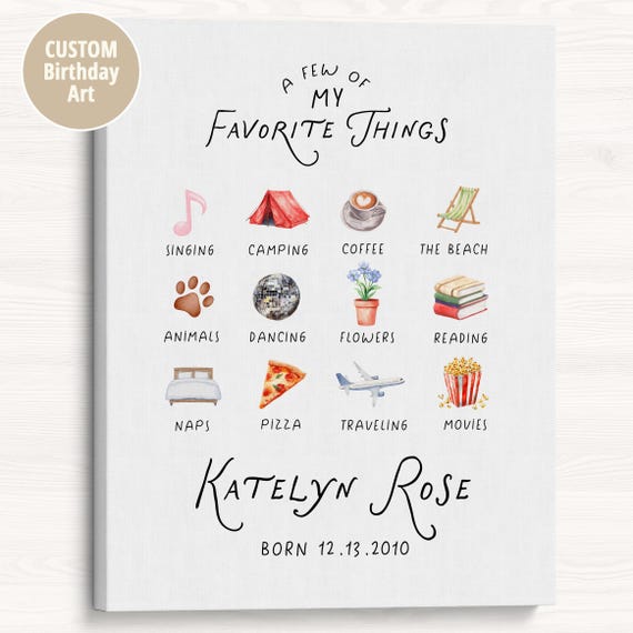 Custom Favorite Things Birthday Print: Personalized Name Art, Unique Keepsake