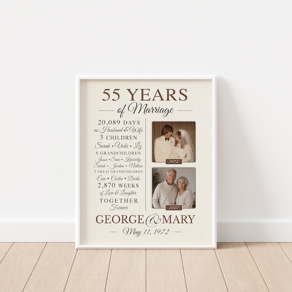 Personalized 55th Anniversary Art, Gift for Couple, Wedding Anniversary Keepsake