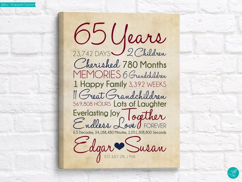 65 Year Anniversary Personalized Art, Marriage Wedding Celebration, Vow Renewal, Parents Wedding Anniversary Gifts, Grandparents 65th image 1