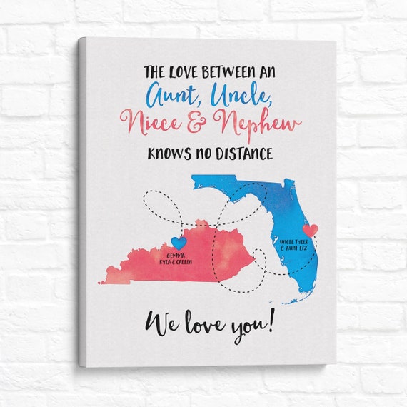 Personalized Long Distance Map Art: Aunt, Uncle, Niece, Nephew Gift