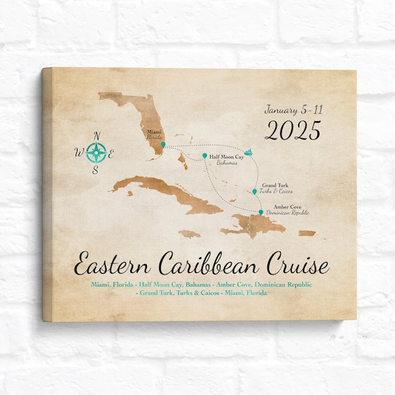 Eastern Caribbean Cruise Map, Personalized Travel Souvenir, Trip Itinerary Keepsake