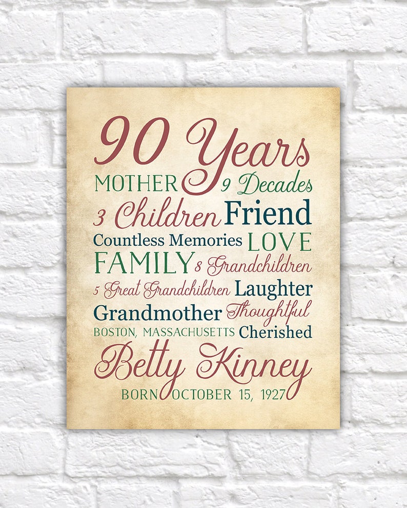 Personalized 90th Birthday Gifts for Women, 90 Year Old Female, 90 Years Grandma, Great Grandma Gifts, Woman Turning 90, 90th Bday Party 