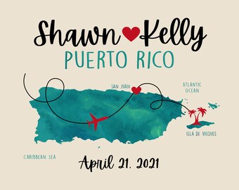Map of Puerto Rico, Personalized Puerto Rico Wedding Map, Getting Married in San Juan, Puerto Rican Wedding Gift, Caribbean Map Destinations