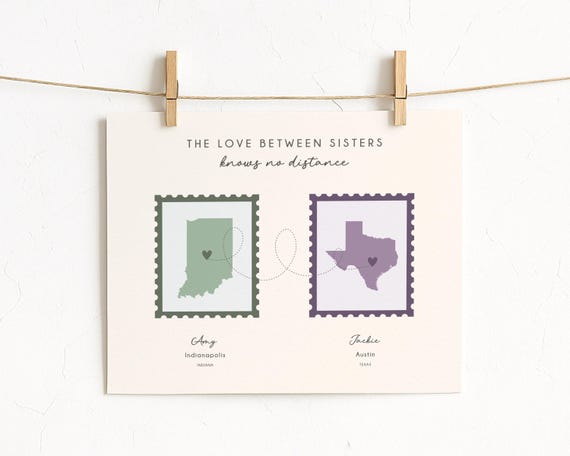Moving Gift for Sister: Personalized Map Art, Long Distance Sisterhood