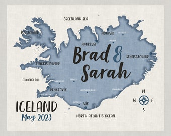 Custom Iceland Travel Map, Personalized Gift, Iceland Honeymoon, Golden Circle, Reykjavik, Engaged in Iceland, Arctic Circle, Blue Lagoon