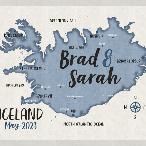 Custom Iceland Travel Map, Personalized Gift, Iceland Honeymoon, Golden Circle, Reykjavik, Engaged in Iceland, Arctic Circle, Blue Lagoon