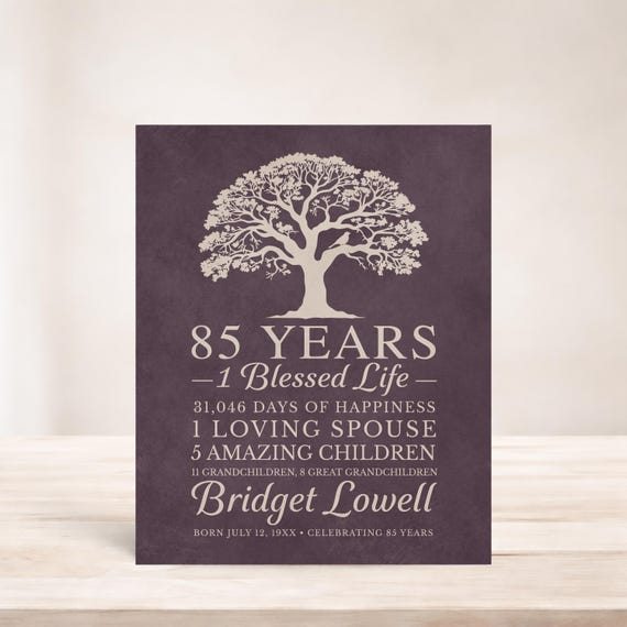 85th Birthday Gift: Personalized Tree Art, Framed or Canvas Print