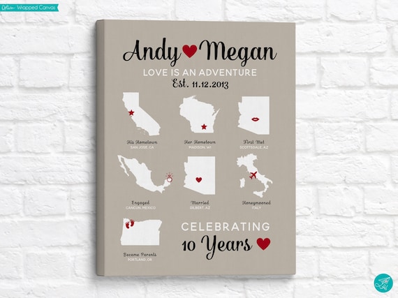 Personalized Anniversary Map Art – Custom Love Story, 10 Year Gift