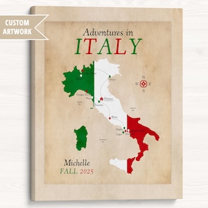 Italien Abenteuer Karte, personalisierte Orte in Italien besucht, Wandkunst mit italienischer Flagge, Geschenk für Abschlussfeier für Studenten im Auslandsprogramm
