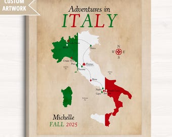 Italy Adventures Map, Personalized Locations Visited in Italy, Italian Flag Wall Art, Graduation Gift for Student Study Abroad Program