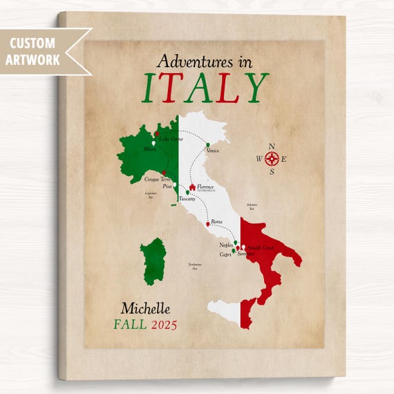 Personalized Italy Adventures Map: Italian Flag Wall Art