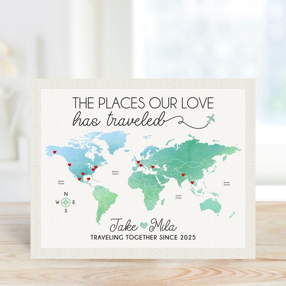 Gift for Travel Couple, World Map with Hearts Marking Locations Traveled, Pin Map Art