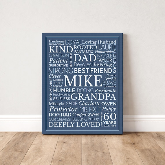 60th Birthday Gift for Dad, Personalized Word Cloud Art Print or Canvas