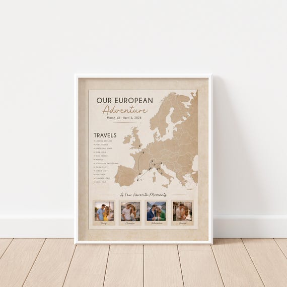 Personalized Europe Travel Map with Photos: Canvas or Printed Artwork, Gift for Travelers