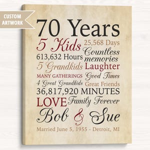 70th Anniversary Gift, Custom Designed Sign for 70 Year Marriage, Gift for Older Couple, Great Grandparents Wedding Anniversary 1955