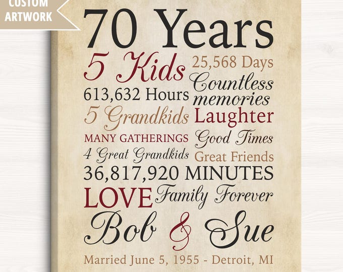 Featured listing image: 70th Anniversary Gift, Custom Designed Sign for 70 Year Marriage, Gift for Older Couple, Great Grandparents Wedding Anniversary 1955