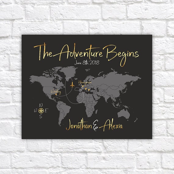 Personalized World Map Wedding Guestbook Poster: Adventure Begins