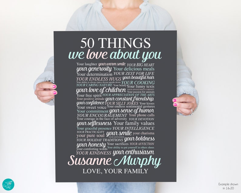 May include: A black and white printable poster with the text "50 Things We Love About You" and a list of 50 positive attributes. The poster is personalized with the name "Susanne Murphy" and the phrase "Love, Your Family".