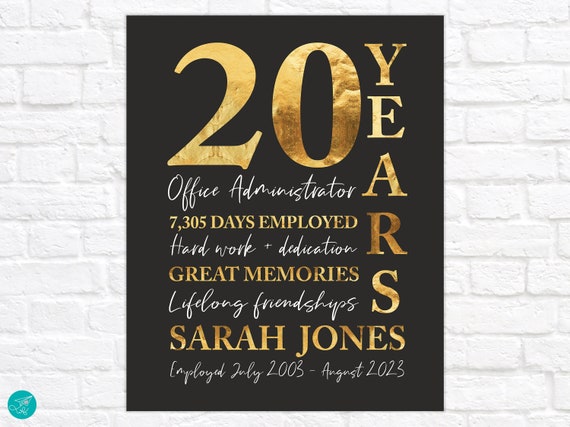 Personalized 20th Work Anniversary Print: Gold & Black Office Retirement Gift