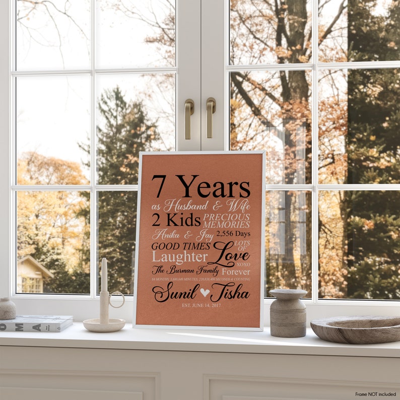 7th Anniversary Gift, Copper 7 Year Anniversary Art Personalized Sign, Couples Gift, 7th Anniversary for Him, Her, Husband, Wife Seven Years image 4