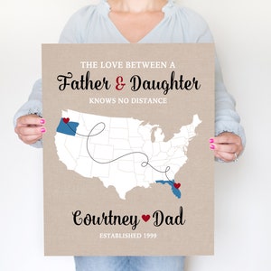 Personalized Long Distance Father Daughter Map Custom Names and Locations Unique Gift for Dads and Daughters, Fathers Day 2023 image 4